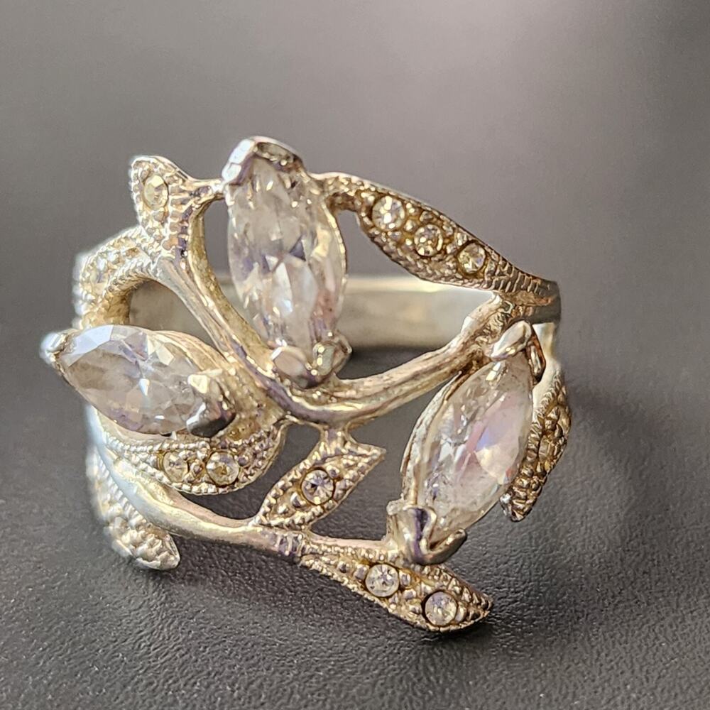 Sterling Silver 925 Ring Sz 7 White Stone Engraved Wide Band Cocktail 1" Flawed